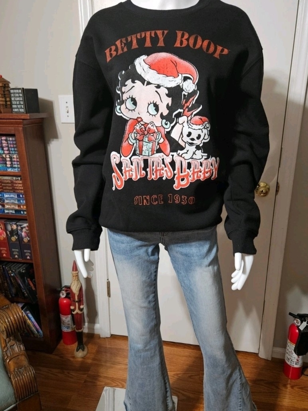 Betty Boop Black Crewneck Sweatshirt with Red & White Holiday Graphic